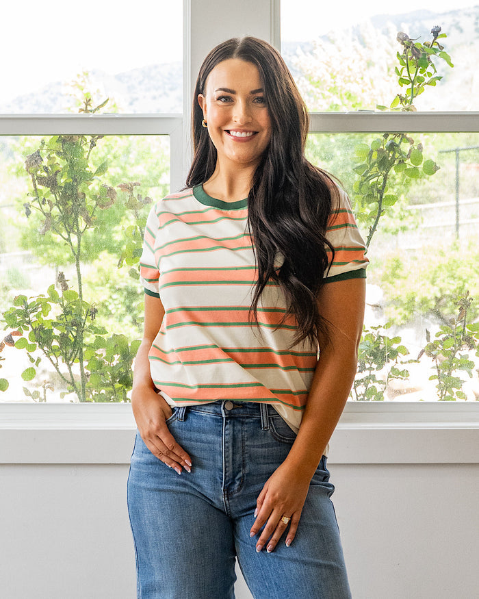 NEW! Shauna Contrast Striped Top - Coral & Olive Staccato