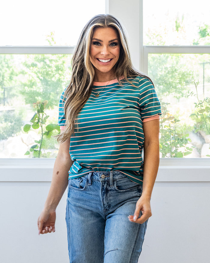 Shauna Contrast Striped Top - Dark Jade Staccato