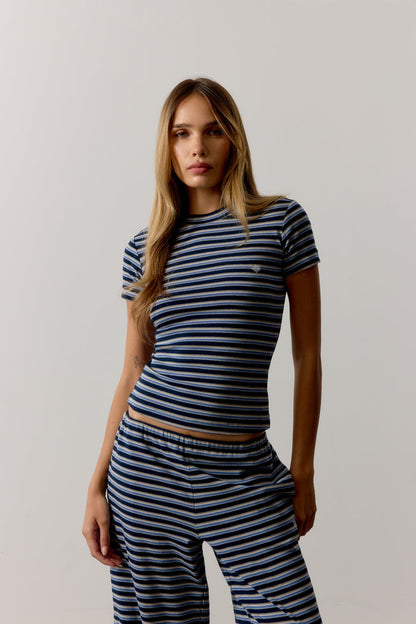 STRIPE BRUSHED COTTON BABY TEE - NAVY