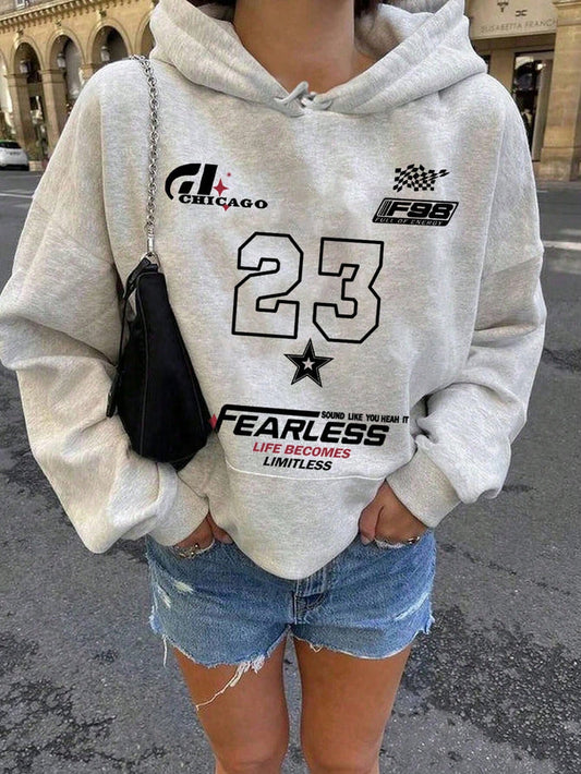 SXV Winter New Simple Ins 23 Graphic Print Casual Crew Neck Dark Grey Fashionable Versatile Pullover Hoodie