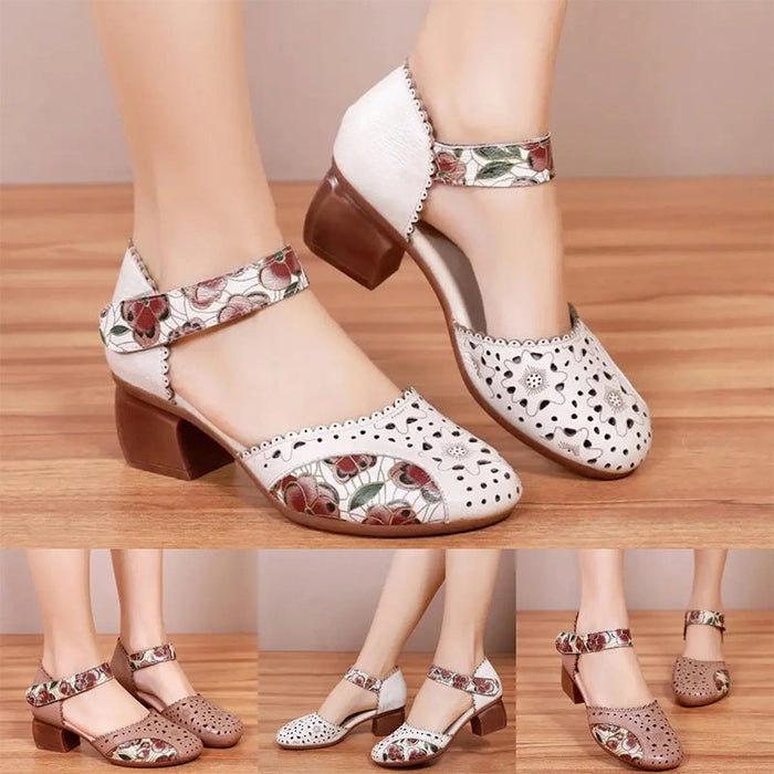 Sylvexa - Chaussures femme talon bloc cuir ajouré bride velcro floral