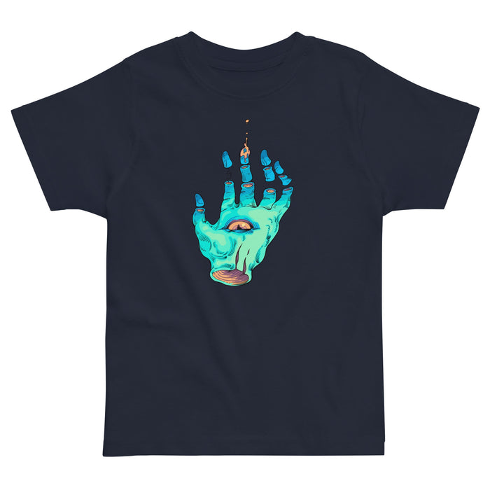 Set against a deep midnight navy base, a surreal mystical hand dominates the design in vibrant shades of ectoplasmic teal and abyss blue. Contact us with accessibility feedback, we'd love to help!