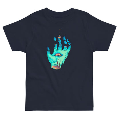 Set against a deep midnight navy base, a surreal mystical hand dominates the design in vibrant shades of ectoplasmic teal and abyss blue. Contact us with accessibility feedback, we'd love to help!
