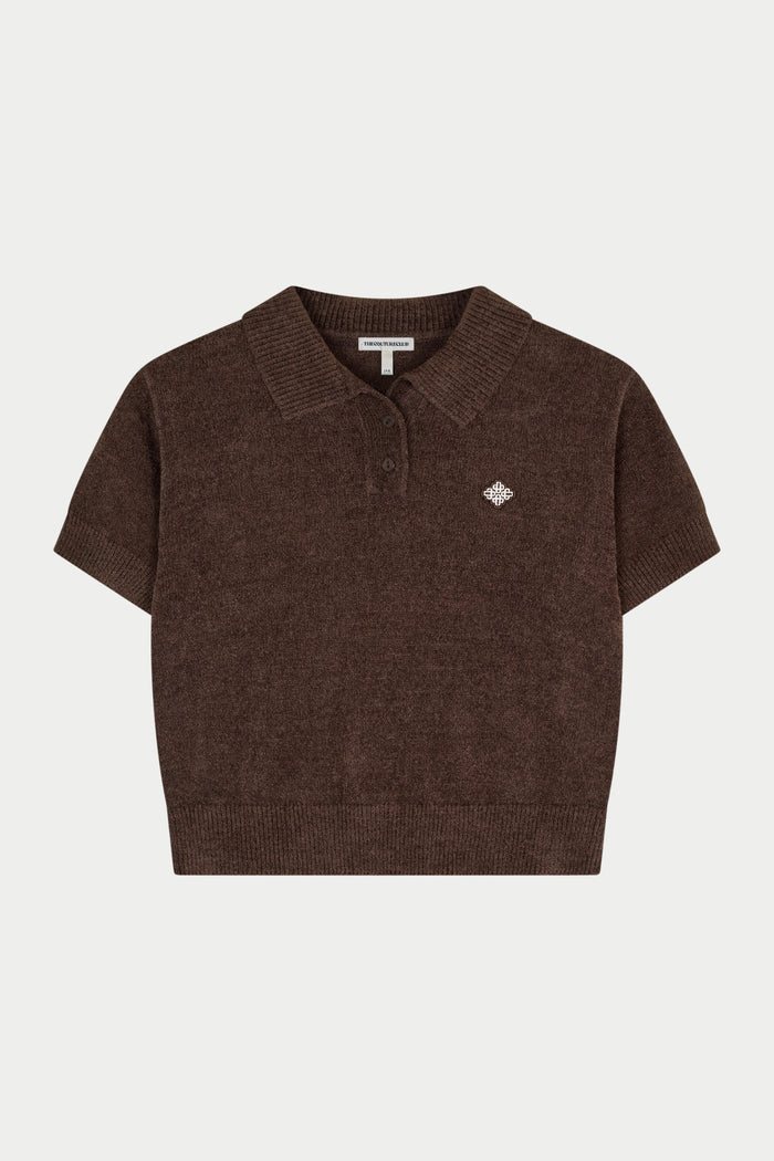 TOWELLING OPEN COLLAR T-SHIRT - CHOCOLATE