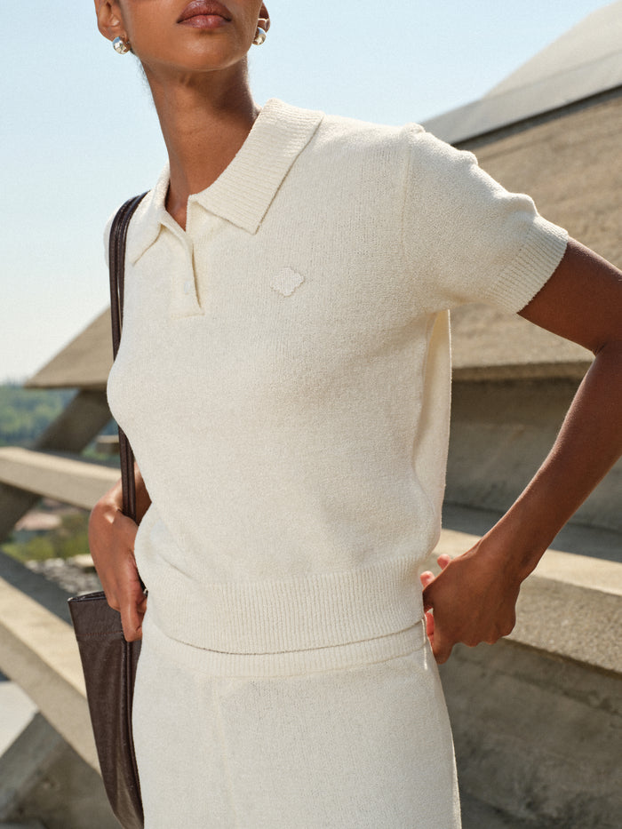 TOWELLING OPEN COLLAR T-SHIRT - WHITE