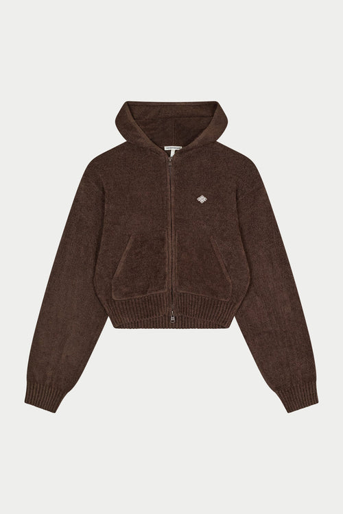 Brown zip-up hoodie on a white background