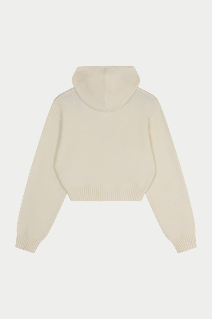 Beige zip front hoodie on a white background