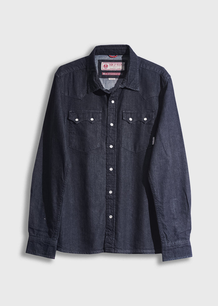 Dark denim button-up shirt with two chest pockets, white buttons, and a collar, displayed against a plain background.