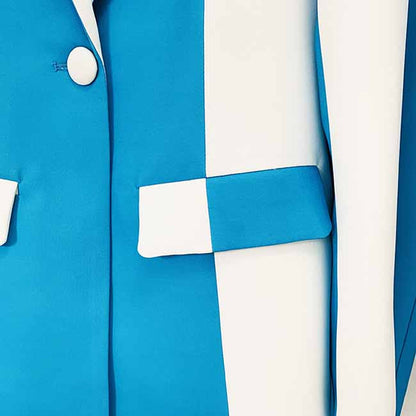 Women Blue and White Colour Pantsuit- Blocked Fitted Blazer + Mid-High Rise Slim Fit Flare Trousers Suit Pantsuit Office Wear