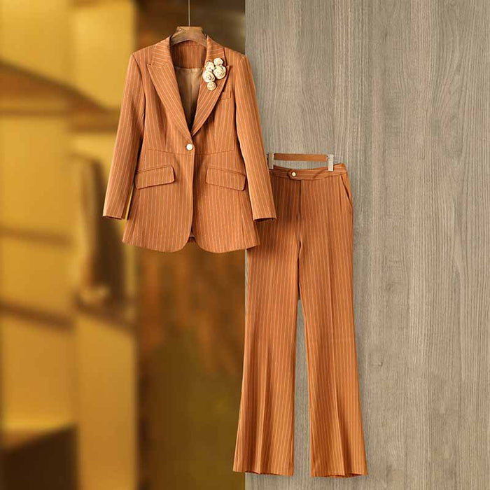 Women Caramel Pantsuit Fitted Blazer + Mid-High Rise Trousers Pantsuit Suit Formal Wear