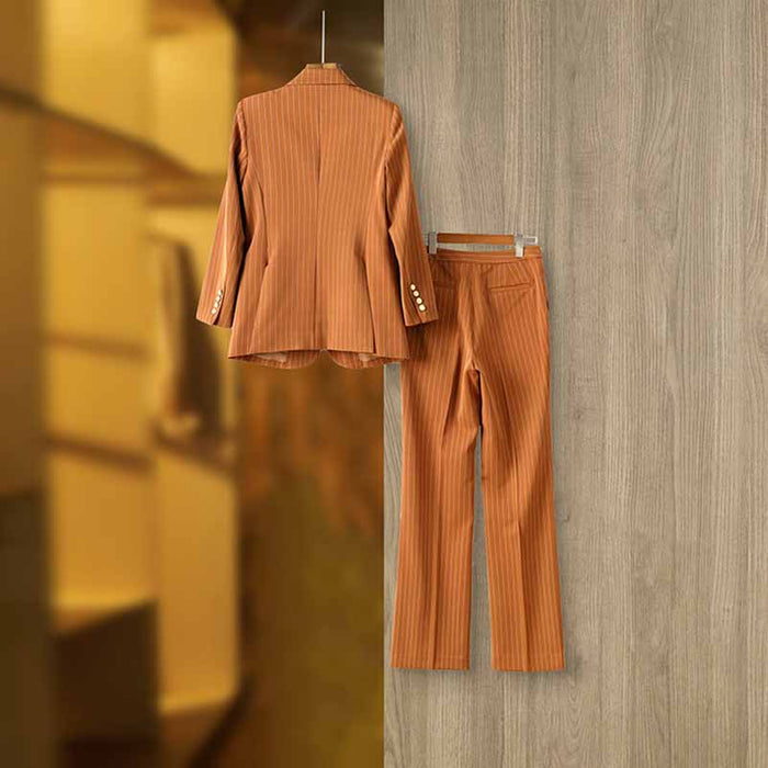 Women Caramel Pantsuit Fitted Blazer + Mid-High Rise Trousers Pantsuit Suit Formal Wear