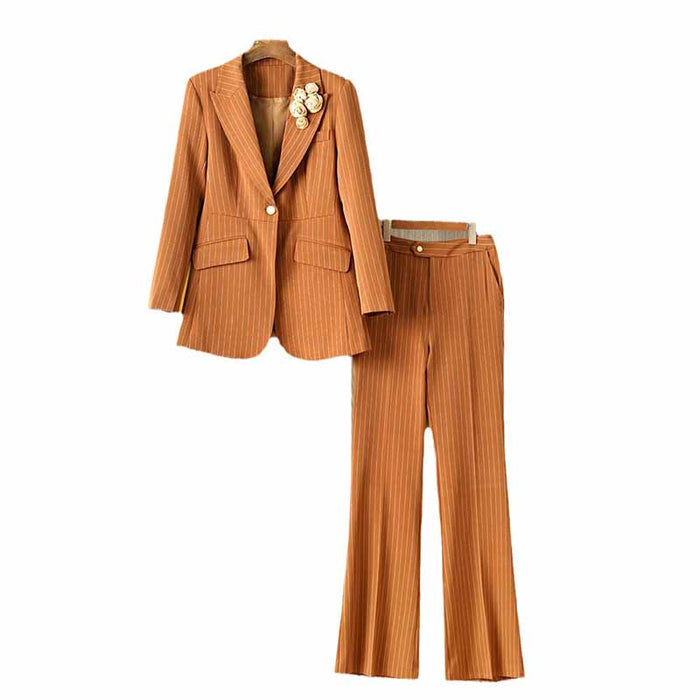 Women Caramel Pantsuit Fitted Blazer + Mid-High Rise Trousers Pantsuit Suit Formal Wear
