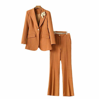 Women Caramel Pantsuit Fitted Blazer + Mid-High Rise Trousers Pantsuit Suit Formal Wear