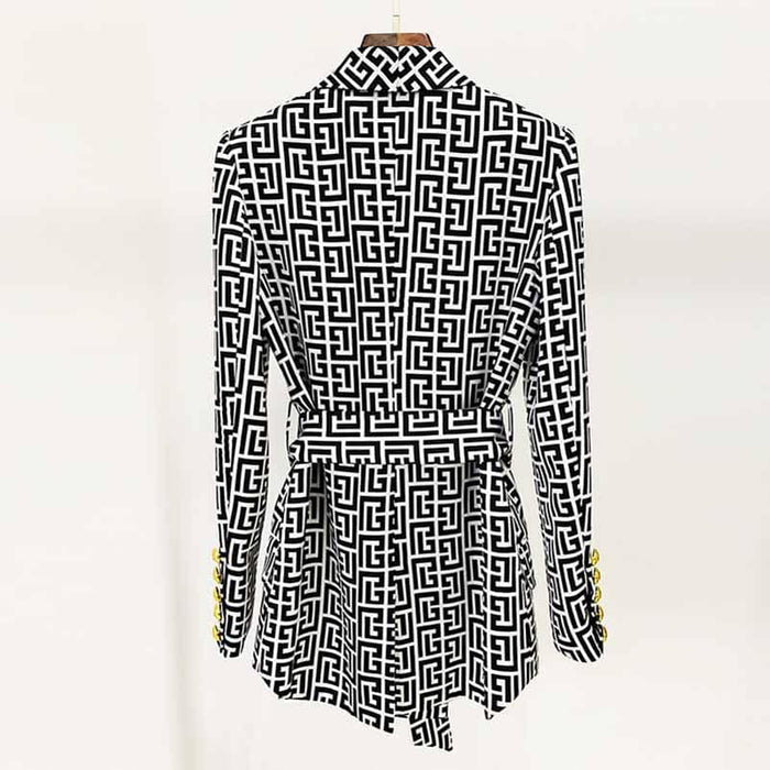 Women Chic Maze Double Breasted Belted Blazer + Elastic Waist Trousers Pants Suit