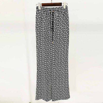 Women Chic Maze Double Breasted Belted Blazer + Elastic Waist Trousers Pants Suit