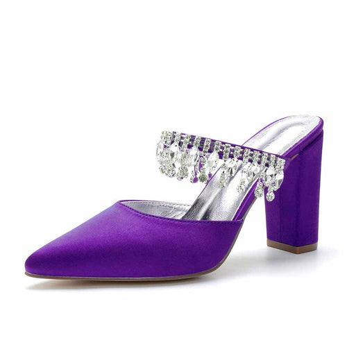 Women hand-made chunky heels party satin slippers with rhinestones