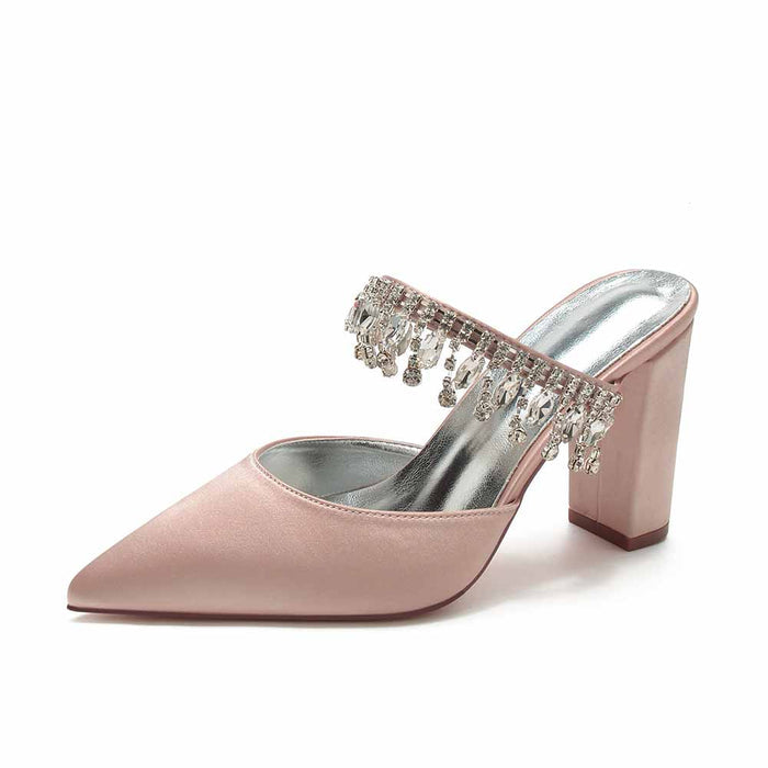 Women hand-made chunky heels party satin slippers with rhinestones