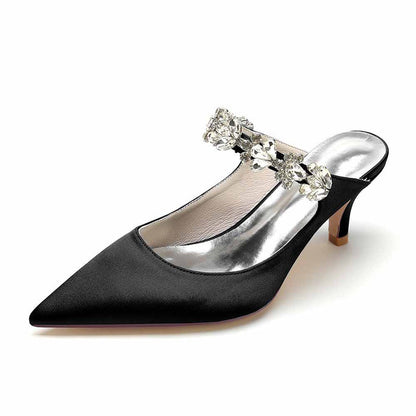 Women hand-made low heels party satin slippers with rhinestones