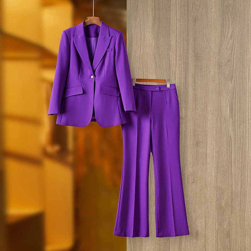 Women Purple Pantsuit Fitted Blazer + Mid-High Rise Trousers Pantsuit Suit Party Wear