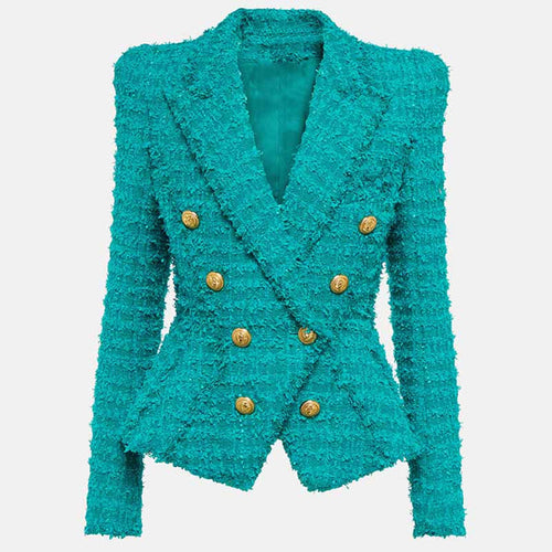 Women Turquoise Tweed Golden Buttons Fitted Blazer + Mid- Waist Shorts Suit / Party Suit / Wedding Suit