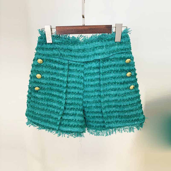 Women Turquoise Tweed Golden Buttons Fitted Blazer + Mid- Waist Shorts Suit / Party Suit / Wedding Suit