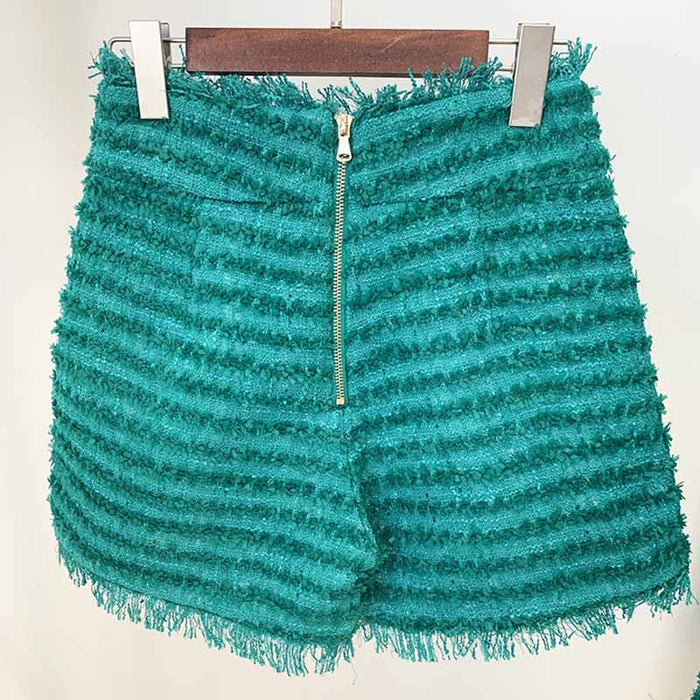 Women Turquoise Tweed Golden Buttons Fitted Blazer + Mid- Waist Shorts Suit / Party Suit / Wedding Suit