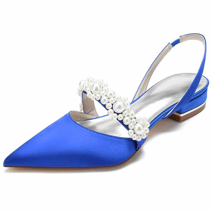 Women's bridal flats with rhinestones in blue featuring elegant pearl embellishments