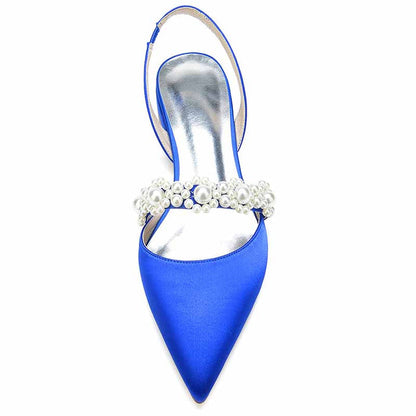 Women's bridal flats with rhinestones in vibrant blue satin for elegant wedding attire