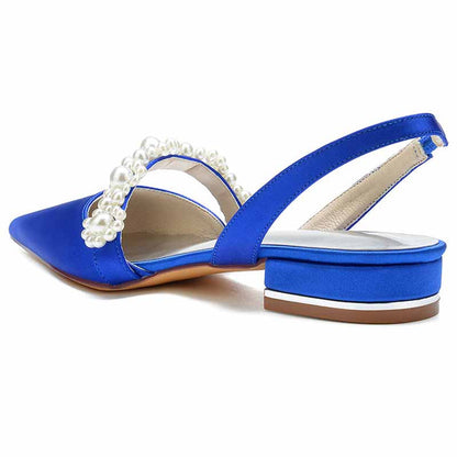 Women's bridal flats with rhinestones in blue satin featuring pearl embellishments