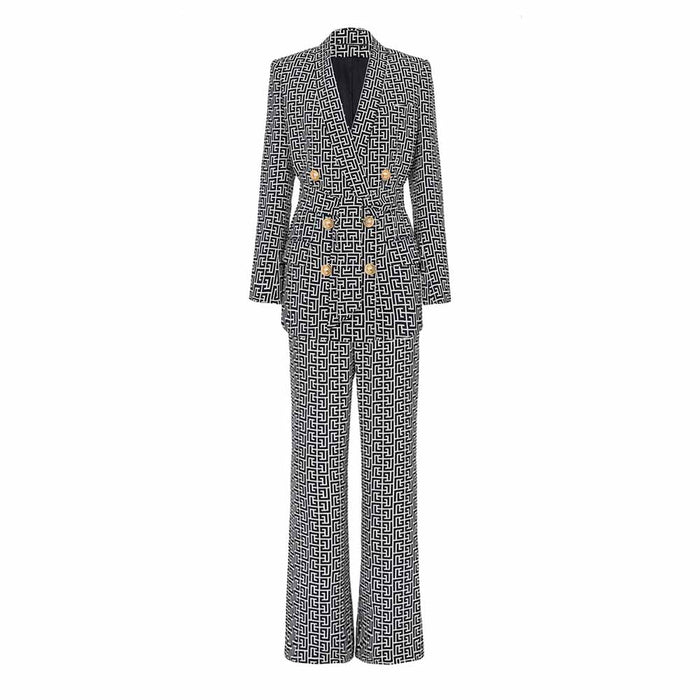 Women's Golden Buttons Abstract Pattern Fitted Pantsuit With Belt
