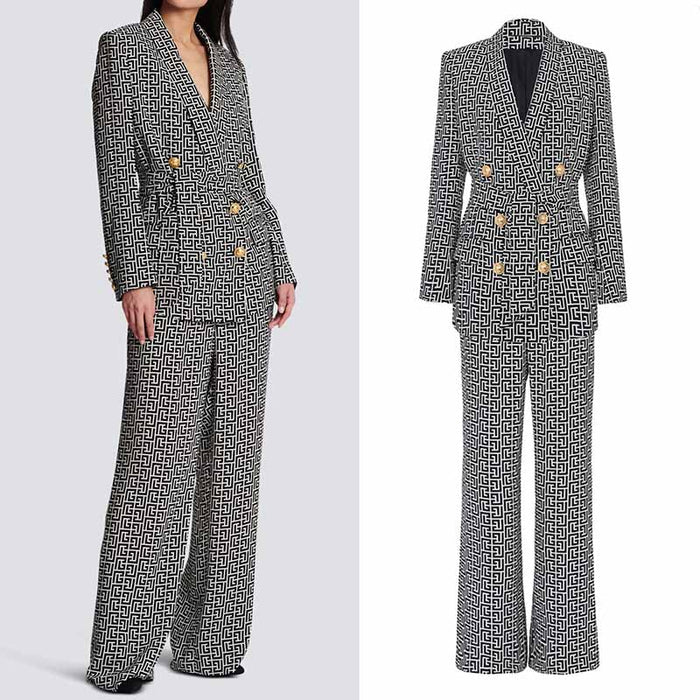 Women's Golden Buttons Abstract Pattern Fitted Pantsuit With Belt