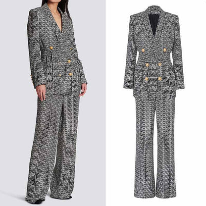 Women's Golden Buttons Abstract Pattern Fitted Pantsuit With Belt