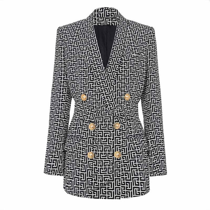 Women's Golden Buttons Abstract Pattern Fitted Pantsuit With Belt
