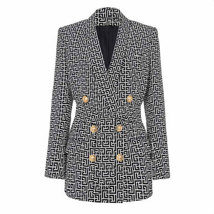 Women's Golden Buttons Abstract Pattern Fitted Pantsuit With Belt