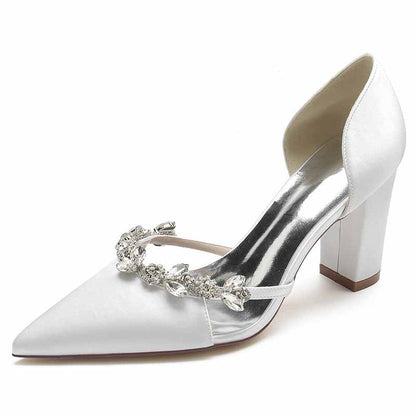 S&DCo. women's wedding dress pumps in white satin with jeweled embellishments and block heels